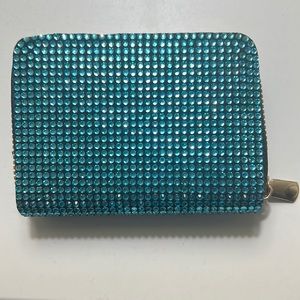 Blue rhinestone zip around wallet for credit cards. Brand New.